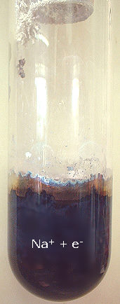 In fl&uuml;ssigem Ammoniak l&ouml;st sich Natrium mit dunkelblauer Farbe auf.